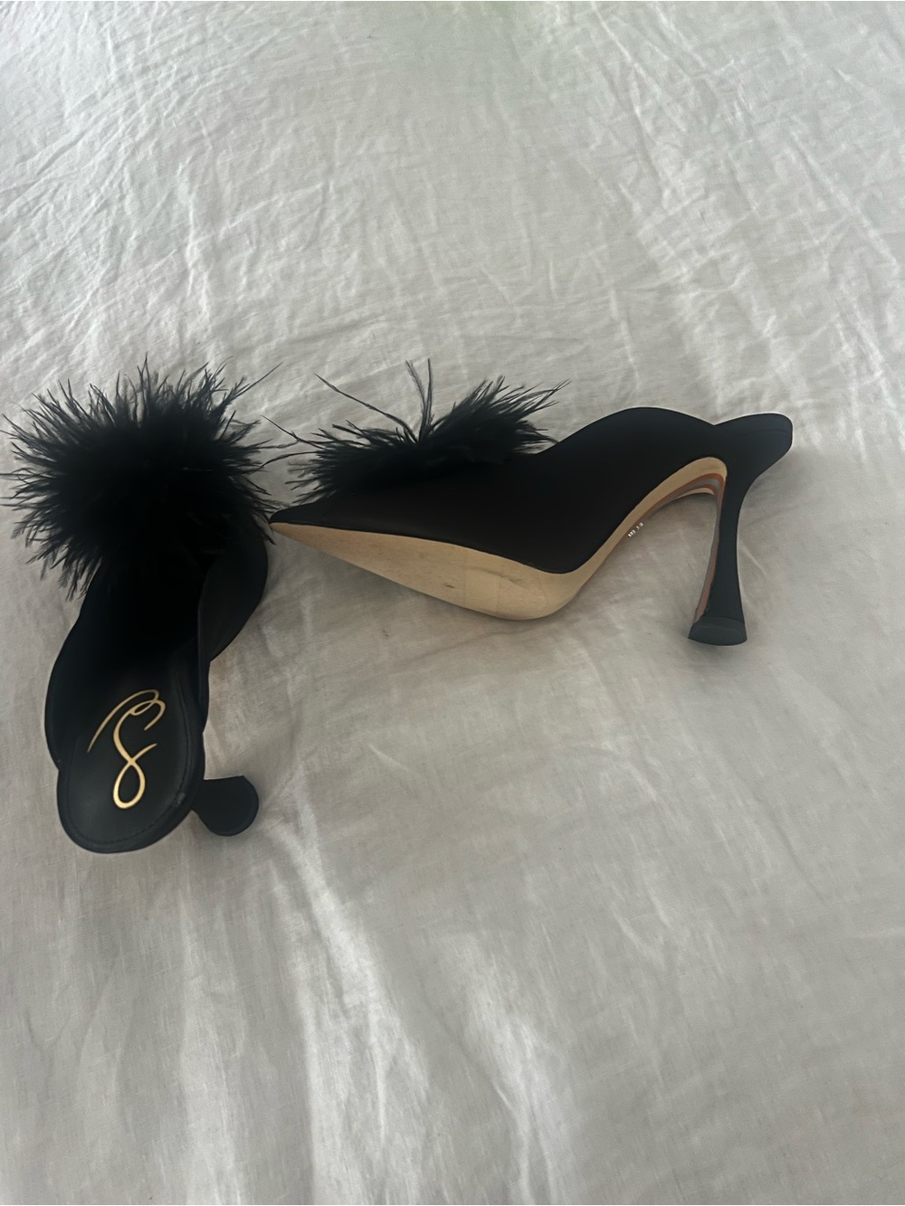Sam Edelman Black Feather Pom Slide Heels - Picture 5 of 6